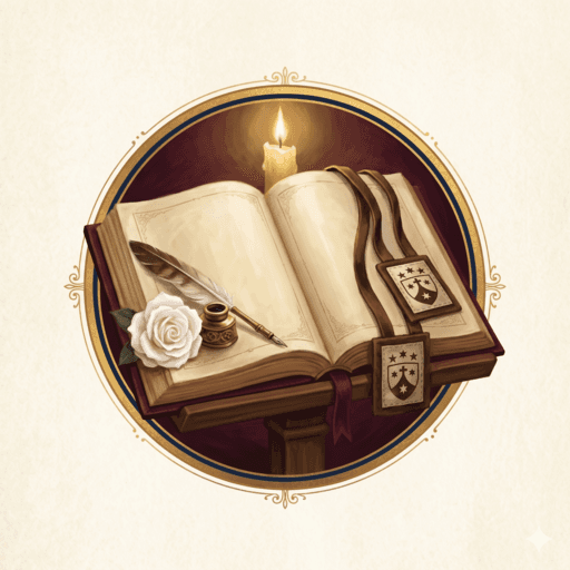 Open book with quill and Carmelite scapular representing theological soundness